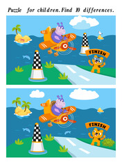 Find 10 hidden differences. Educational puzzle game for children.  Cute hippo in plane. Cartoon character. Vector illustration. Transport and air racing. 