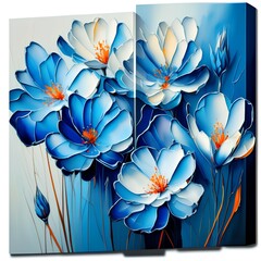 Collection of designer oil paintings. Decoration for the interior. Modern abstract art on canvas. Set of paintings with blue watercolor flowers - generative ai