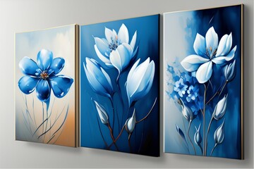 Collection of designer oil paintings. Decoration for the interior. Modern abstract art on canvas. Set of paintings with blue watercolor flowers - generative ai