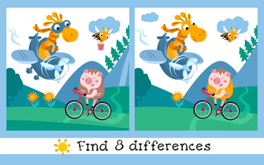 Find 8 hidden differences. Educational puzzle game for children. Cute giraffe on plane, pig on bike. Cartoon character. Vector illustration. Transport and air racing. 