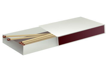 Opened matchbox. Sulphur and wooden sticks lying in open case. Top view and isometric projection vector illustration isolated on white background