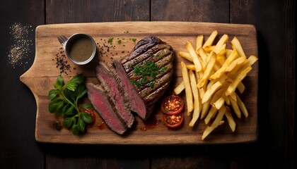 Top view steak with French fries on plate wooden table, AI generated