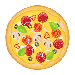 Vector cartoon image of a bakery product. Pizza. Baking from flour. The concept of cooking and delicious food. An element for your design