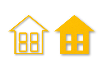 Yellow paper cut out house shape isolated on white background.