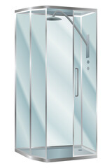 Shower cabin. Elegant bathroom element for bath room interior. Realistic vector cabin with transparent glass doors and modern shower system