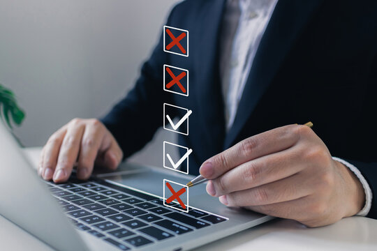 Businessman tick mark to rejected and approve document checklist.check problem solution management with QA and QC, filling out the online survey form, Answer test questions, Take an assessment