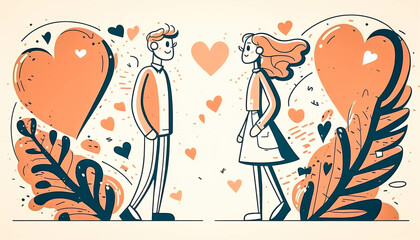 Cartoon man and woman among hearts, generative AI.