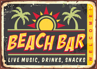 Vintage colorful sign template for beach bar with bright sun and tropical palm trees illustration. Cafe bar poster design with retro charm and nostalgic feel. Hello summer.