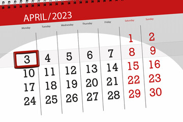 Calendar 2023, deadline, day, month, page, organizer, date, april, monday, number 3