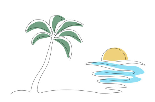 One line drawing of beach with palm tree and sunset. Vector illustration.
