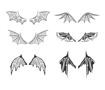 Gargoyle, demon, devil wing set. Vector collection in line art.