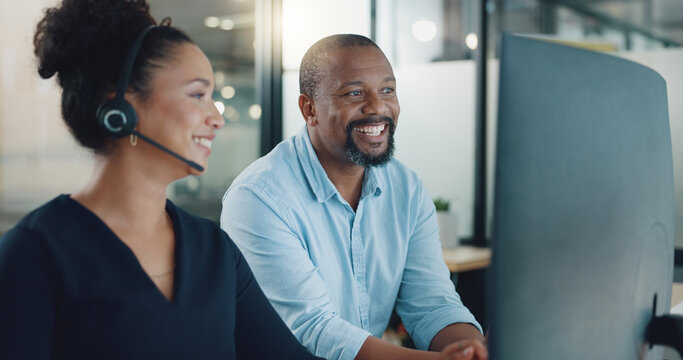 Call Center, Black Man And Training Woman, Telemarketing Intern And Crm Customer Service Consultant On Computer Software In Office Agency. Business People, Sales Mentor And Coaching For Tech Solution