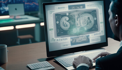 Businessman using computer virtual screen with central banking and international currency include dollar Yuan Yen Pound sterling and Euro for forex and currency exchange money transfer concept - obrazy, fototapety, plakaty