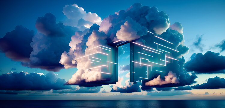 Generative AI Glowing Cloud icon technology concept, exploded panel with cloud services and data protection, artificial intelligence information processing, for techology futuristic background banner