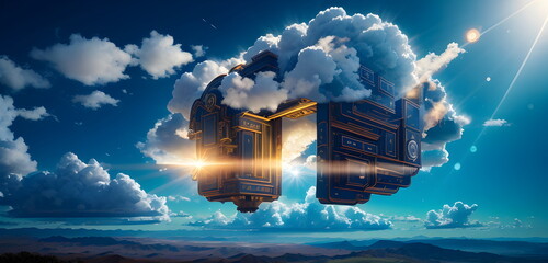 Obraz na płótnie Canvas Generative AI Glowing Cloud icon technology concept, exploded panel with cloud services and data protection, artificial intelligence information processing, for techology futuristic background banner