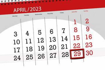 Calendar 2023, deadline, day, month, page, organizer, date, april, saturday, number 29
