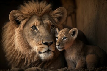 Obraz na płótnie Canvas lion and his baby lion generative AI