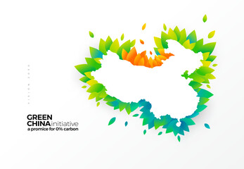 Go green, carbon removal initiative, graphic design China map with green leaves