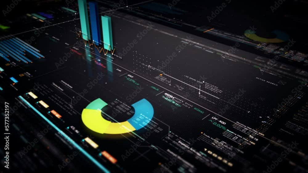 Leinwandbilder Business stock market, trading, info graphic with animated graphs, charts and data numbers insight analysis to be shown on monitor display screen for business meeting mock up theme