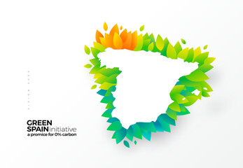 Go green, carbon removal initiative, graphic design Spain map with green leaves