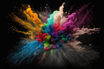 Obraz na płótnie Canvas Multicolored explosion of rainbow holi powder paint isolated on black background. Generative AI