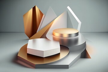 Metallic luxury product background stand or podium pedestal set display with geometric shapes backdrop. 3D rendering. Generative AI