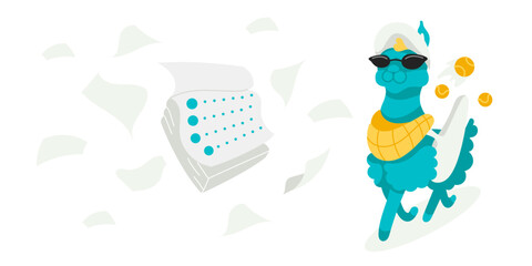 Vector character Llama with tennis racket and tennis balls.