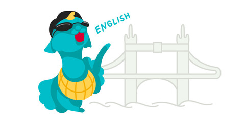 Vector character Lama in London on the background of the Tower Bridge.