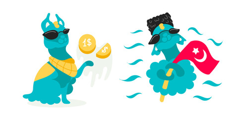 Vector character Lama tosses coins. Lama with the flag of Turkey.