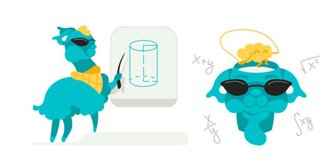 Vector character Lama speaks at a math conference and solves math problems.