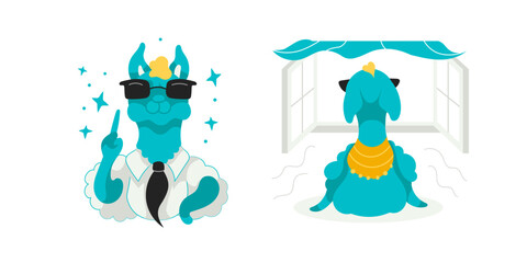 Vector character Lama pronounces instruction. Lama looks out the window.