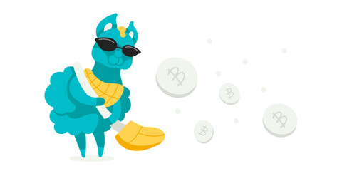 Vector character Lama digs up bitcoins.