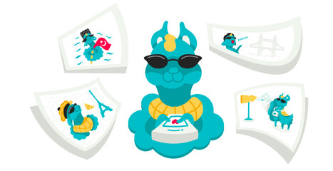 Set of stickers with lama vector character in cartoon flat style.