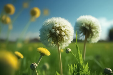 Beautiful spring summer natural landscape with a field of flowering dandelions. Spring summer blurred background. generative ai

