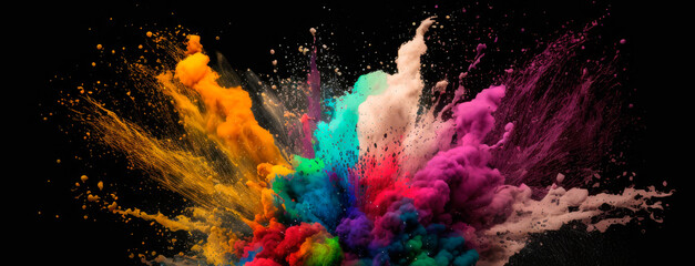 Multicolored explosion of rainbow holi powder paint isolated on black background. Panoramic view. Generative AI