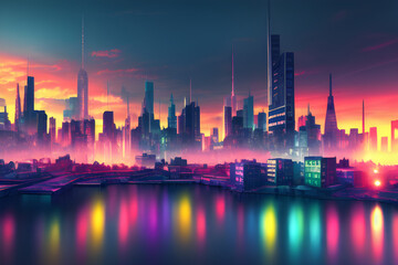 Fototapeta na wymiar AI Digital Illustration Colourful Cityscape Skyline