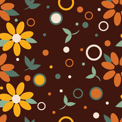 Colorful floral seamless pattern. Groovy flowers vector illustration, hippie aesthetic. Funny multicolored print for fabric, paper. Bold, funky floral illustration print in yellow, orange, beige