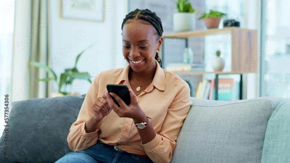 Wall mural Black woman, phone or laughing at internet meme, comic joke or comedy on social media app or website on home sofa. Smile, happy or relax person on mobile technology, funny text or living room reading