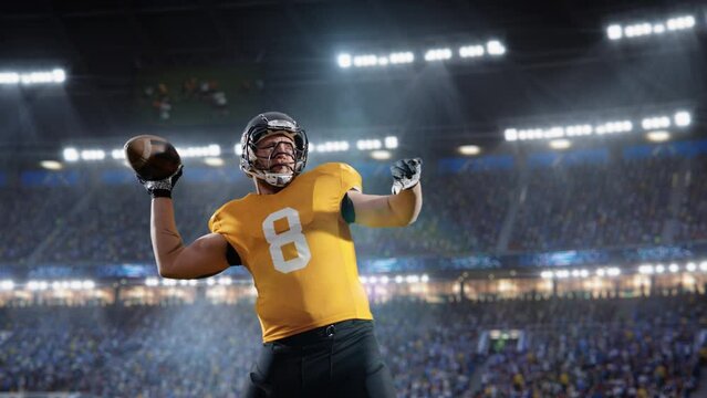 Aesthetic Shot of American Football Player Throwing a Ball on Big Stadium With Crowd Cheering. International Championship Match on Arena Full Of Loyal Fans. Super Slow Motion Captures Successful Pass.