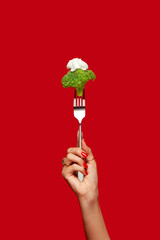 Food pop art photography. Female hand holding broccoli on fork against red studio background. Healthy eating. Concept of art and creativity. Complementary colors. Copy space for ad, text