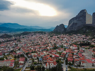 Aerial vIew The Holy Meteora Monasteries by drone. Summer Greece. Kalampaka. Kalabaka.