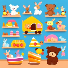 Kids toys, plush animals, car and wooden ship on shelves in child room, kindergarten or shop. Vector cartoon illustration of cute baby toys, soft bear, rabbit, blocks, pyramid, - generative ai