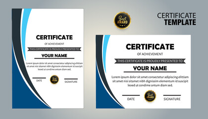 Certificate template in elegant black and blue colors. Certificate of achievement, award diploma design template