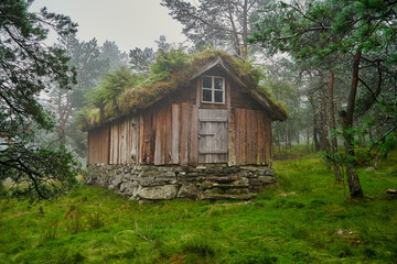 Old wooden house in the forest in the foggy day, Norway