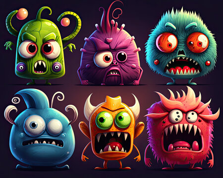 Collection of cute cartoon monsters with different expressions