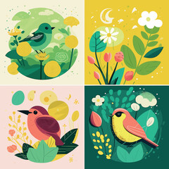 Spring has come, seasonal background feeling the warmth of spring, birds, flowers, nature, season flat illustration