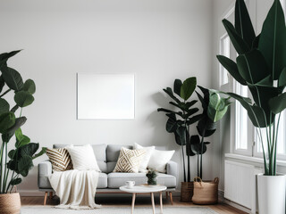 Modern Interior with Boho Poster Frame Mockup ,Minimalist Mockup Photo of Poster Frame in Boho Style,Generative AI 