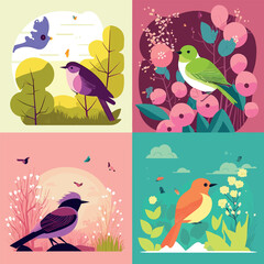 Spring has come, seasonal background feeling the warmth of spring, birds, flowers, nature, season flat illustration