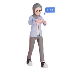 3d muslim woman walking and chatting with smartphone. 3d illustration.