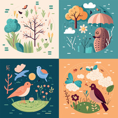 Spring has come, seasonal background feeling the warmth of spring, birds, flowers, nature, season flat illustration